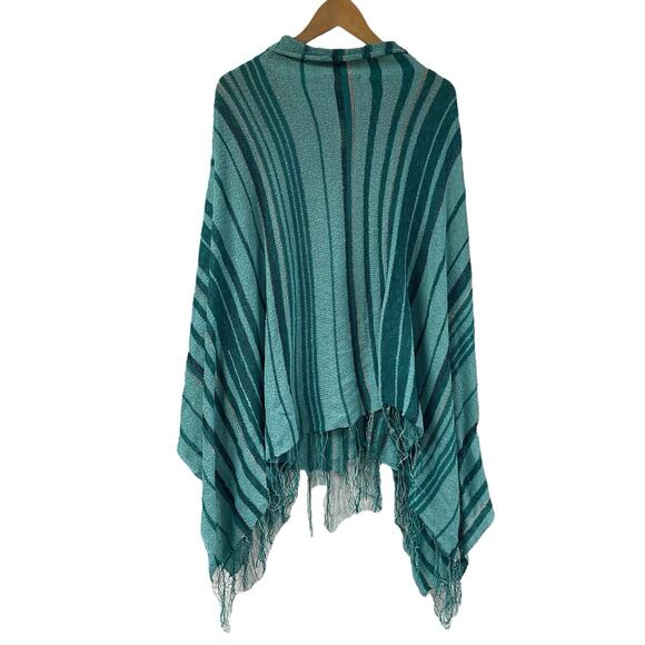 Knit Striped Blue Poncho OS Barbara Who? Fringe Lagenlook - Picture 9 of 10